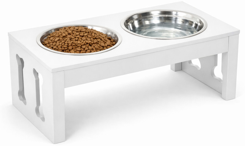 AR SABRI SHOPEE ARIF RAO Wooden Elevated Raised Pet Feeding Stand Anti-Slip Dog Food & Water Bowl Holder Stainless Steel Pet Bowl(1 L White)