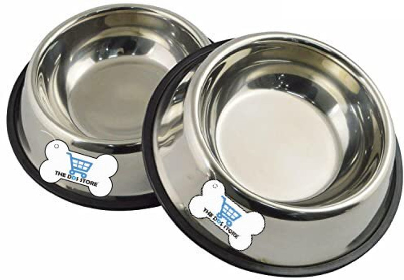 THE DDS STORE Anti Skid Stainless Steel Travel Feeding Food Water Bowl Dish 400 ML Set of 2 Stainless Steel Pet Bowl(400 ml Silver)