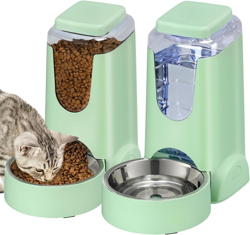 Pet Guard 2 Pcs Automatic Cat Feeder and Water Dispenser with Stainless Steel Dog Plastic Pet Bowl & Bottle(2 ml Green)