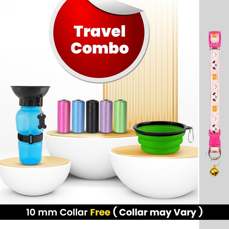 Petfun Pet Travel Combo Kit with FREE 10mm Collar Silicone Pet Bowl(400 ml Multicolor)