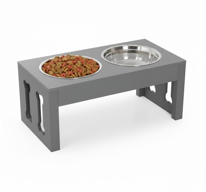 RIOZAIN Elevated Wooden Dog Feeder Stand Raised Feeding Station Medium & Large Dogs Stainless Steel Pet Bowl(1 L Grey)
