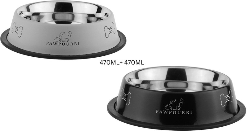 PAWPOURRI Combo of Anti-Skid Water and Food Feeding Bowls Pack of 2 Stainless Steel Pet Bowl(700 ml Grey, Black)