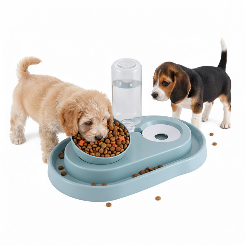 Credly Food Bowl for Dog Slanted Mouth Design Neck Protection Anti-Spill Cat Supplies Plastic Pet Bowl & Bottle(500 ml Blue)