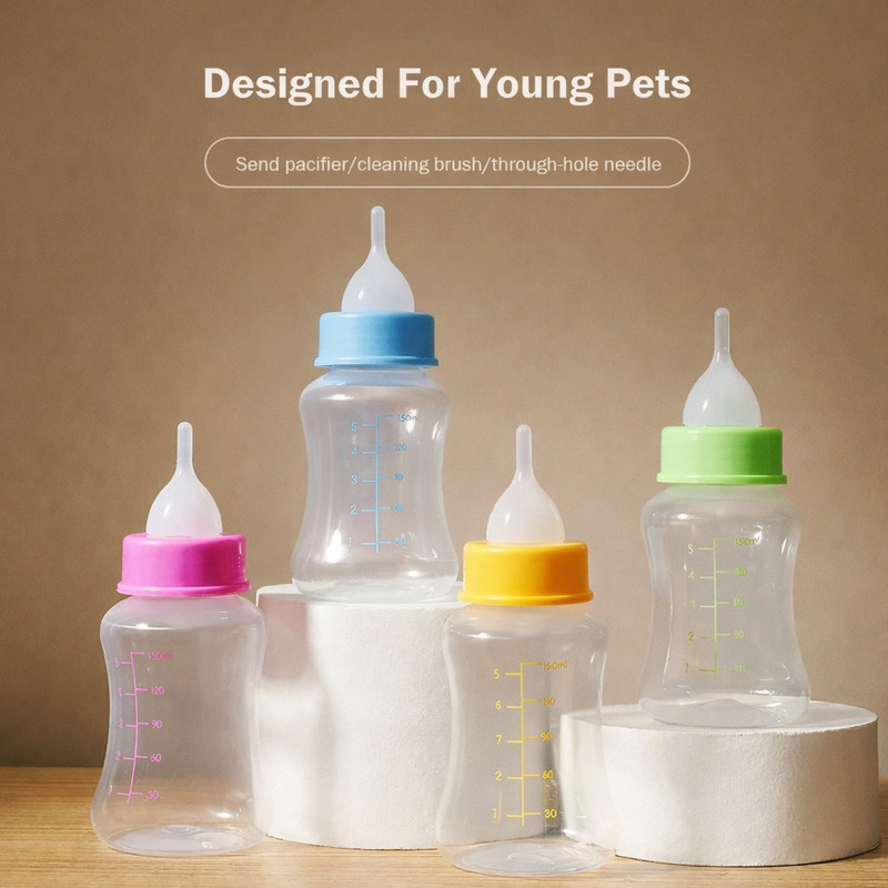 apni store Cat Feeding Bottle Set with Cleaning Brush & Extra Nipple – 150ml BPA-Free Plastic Pet Bottle(100 ml Multicolor)