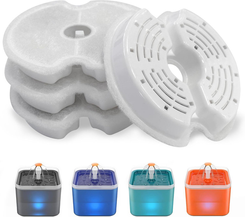 Cawypety Cat Water Fountain Filter 4 Pack, Multiple Filtration Pet Water Fountain Cotton, Plastic Pet Bowl(2.5 L White)