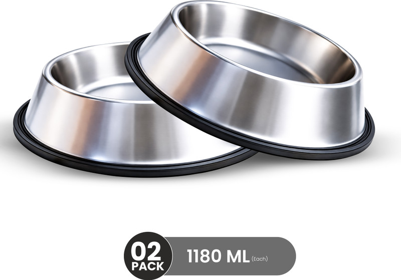 Tromso 1460ml Pack of 2 Regular Non Skid Feeding Bowl for Dogs | Food & Water Bowl Stainless Steel Pet Bowl(1460 ml Silver)