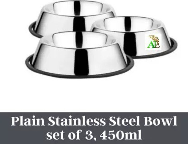 AKSHAT ENTERPRISES Stainless Steel Anti-Skid Rubber Base Plain Bowl for Cats & Dogs (Pack of 3) Stainless Steel Pet Bowl(450 ml Silver)