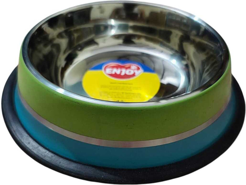 R S ENTERPRISES Premium medium Stainless Steel Pet Feeding Bowl with Non-Slip Base Steel Pet Bowl(250 ml Blue, Green)