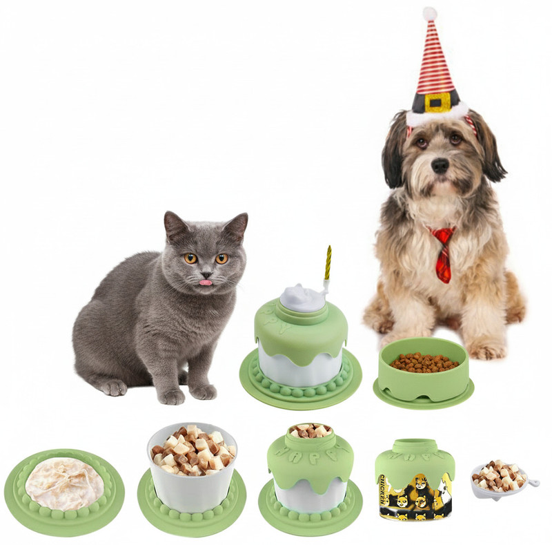HASTHIP Cat Food Bowl 3 in 1 Pet Feeding Bowl with Slow Feeder Birthday Design Plastic Pet Bowl(2.4 ml Green)