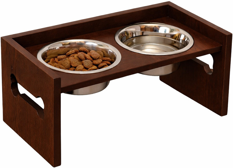 RIOZAIN Elevated Wooden Dog Feeder Raised Pet Food & Water Stand for Small & Medium Dogs Stainless Steel Pet Bowl(1 L Brown)