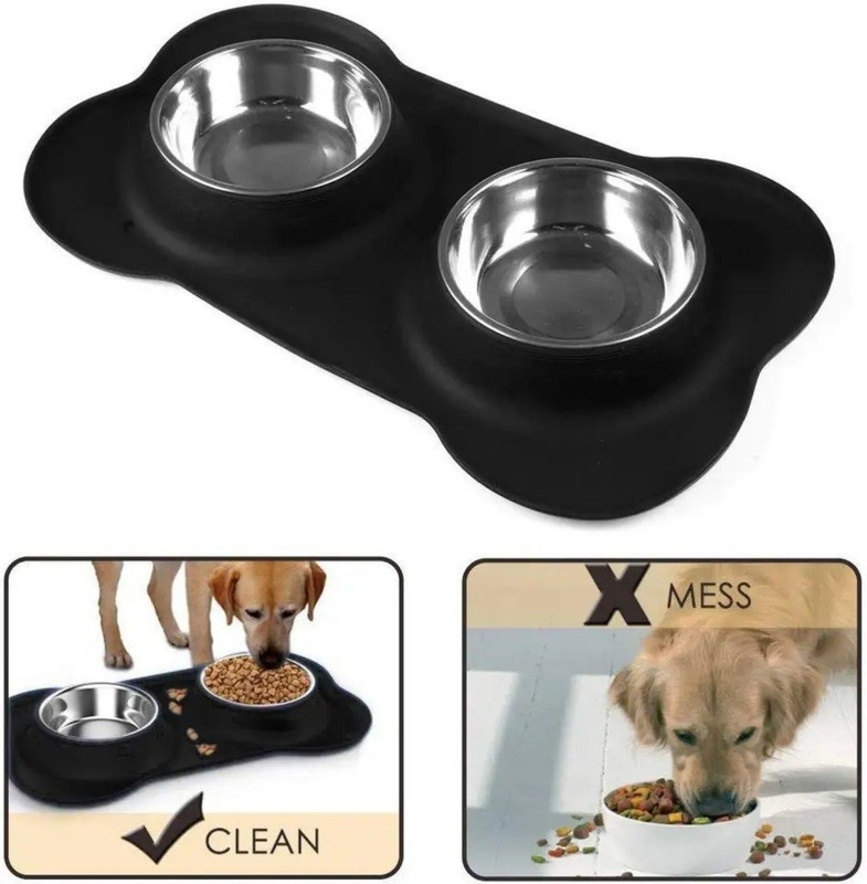 ELIE INDIA Non-Slip Dual Pet Feeder Set with Stainless Steel Bowls and Silicone Mat Pet Bowl Mat