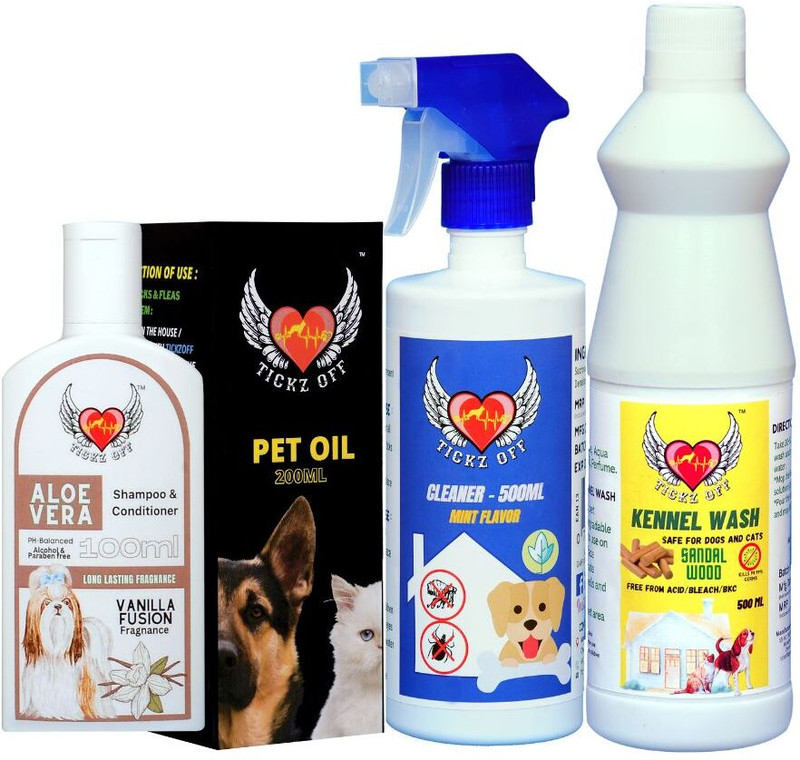 Tickz Off Pet Oil 200ML Pet Cleaner 500ML Rose Kennel Wash 500ml, Vanilla Shampoo 100Ml Pet Cage Cleaner(1300 ml)
