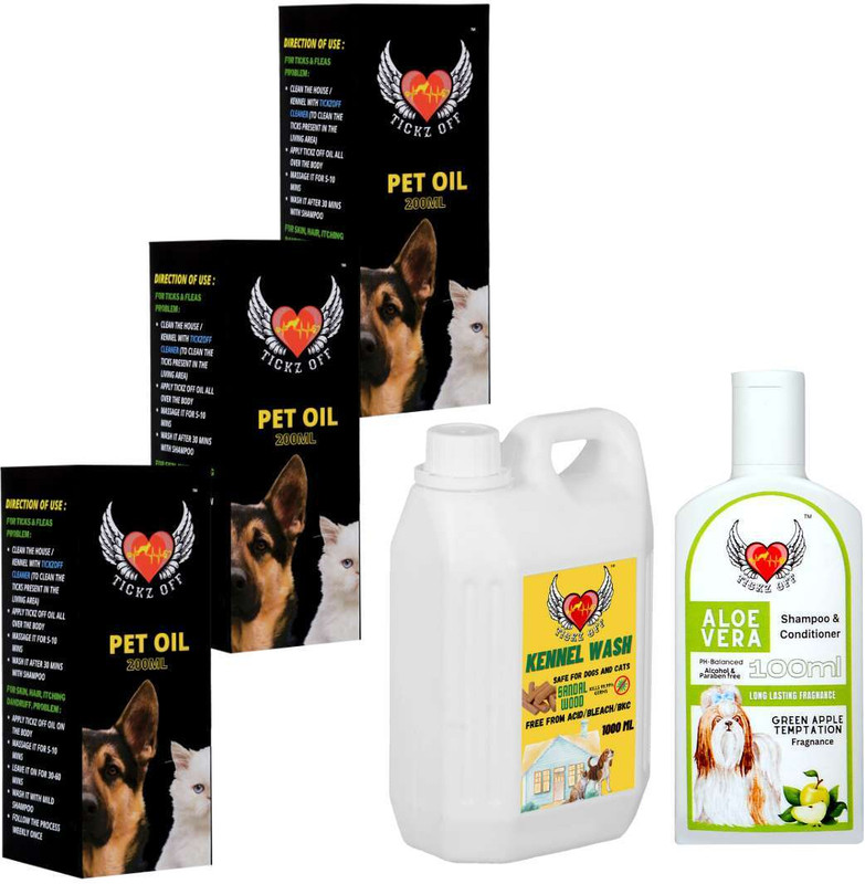 Tickz Off Pineapple Splash Pet Shampoo 100 ML+3 Pet Oil 200 ML+1Lt Jasmine Kennel Wash Pet Cage Cleaner(1700 ml)