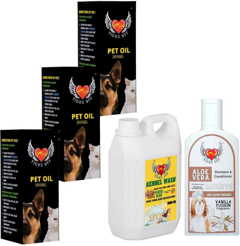 Tickz Off Floor Wash 1ltr, 3 Bottle Pet Oil 200ml & Shampoo Pet Cage Cleaner(1700 ml)