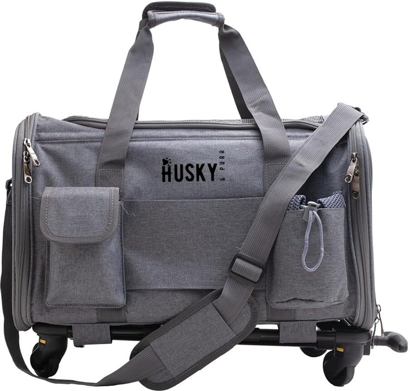 Husky & Purr Pet Carrier Bag Trolley | Expandable Soft-Sided Pet Travel Bag for Dog and Cat Grey Airline Pet Carrier(Suitable For Cat, Dog)