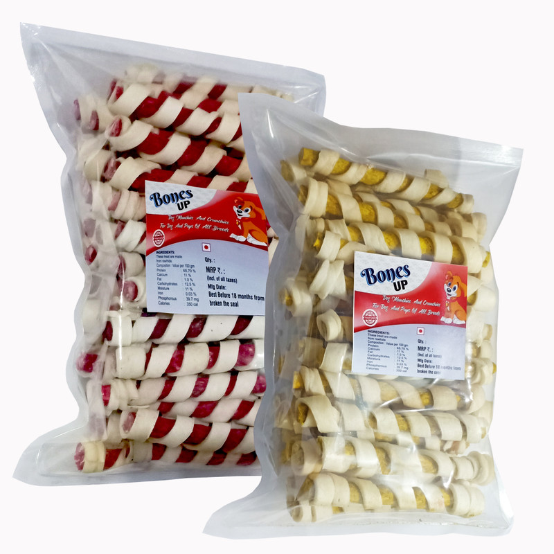Bones UP Dog Chew Spiral Sticks (200g+200g) Mix Flavor (Chicken & Mutton), Dog Snacks Chicken, Mutton Dog Chew(0.4 kg, Pack of 20)