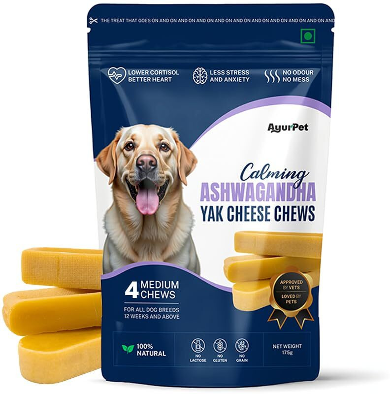 AYURPET Yak Cheese Chews-6-Hour Long-Lasting Treat for Dogs, Calming Ashwagandha(Medium) Cheese Dog Chew(175 g, Pack of 4)