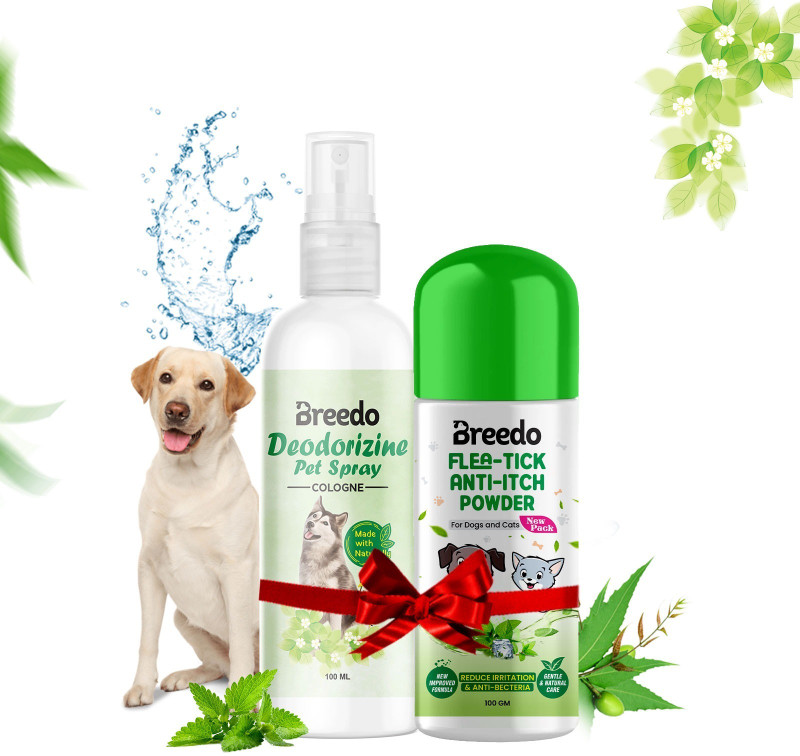 Breedo Dog Flea-Tick Anti-Itch Powder (100gm) + Dog Deodorizine Body Perfume (100ml) 200 ml Pet Coat Cleanser(Suitable For Dog, Cat)