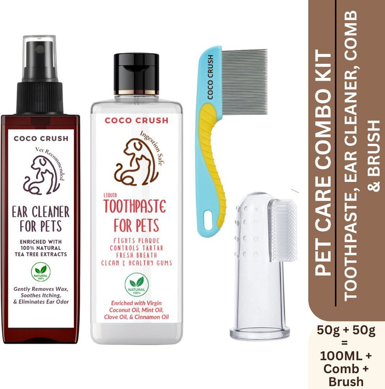 COCO CRUSH Pet Toothpaste; Finger Toothbrush; Lice Long Handle Comb; Ear Cleaner for Pets 150 ml Pet Ear Cleanser(Suitable For Cat, Dog, Rabbit)