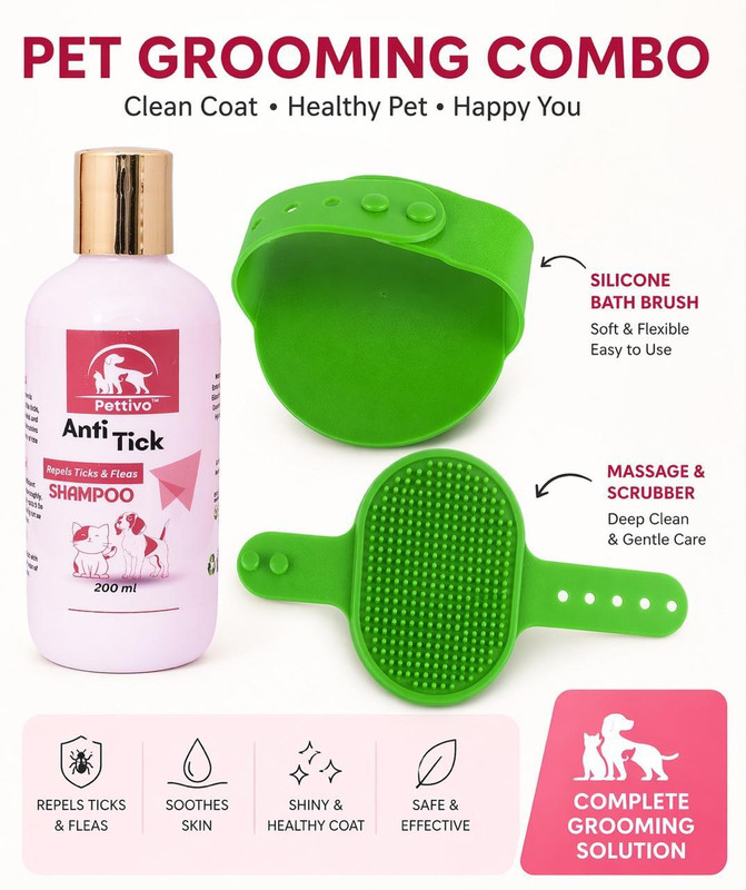 Pettivo Anti-Tick & Itch Gel Bar with Silicone Bath Brush & Massage Scrubber 80 ml Pet Coat Cleanser(Suitable For Dog, Cat)