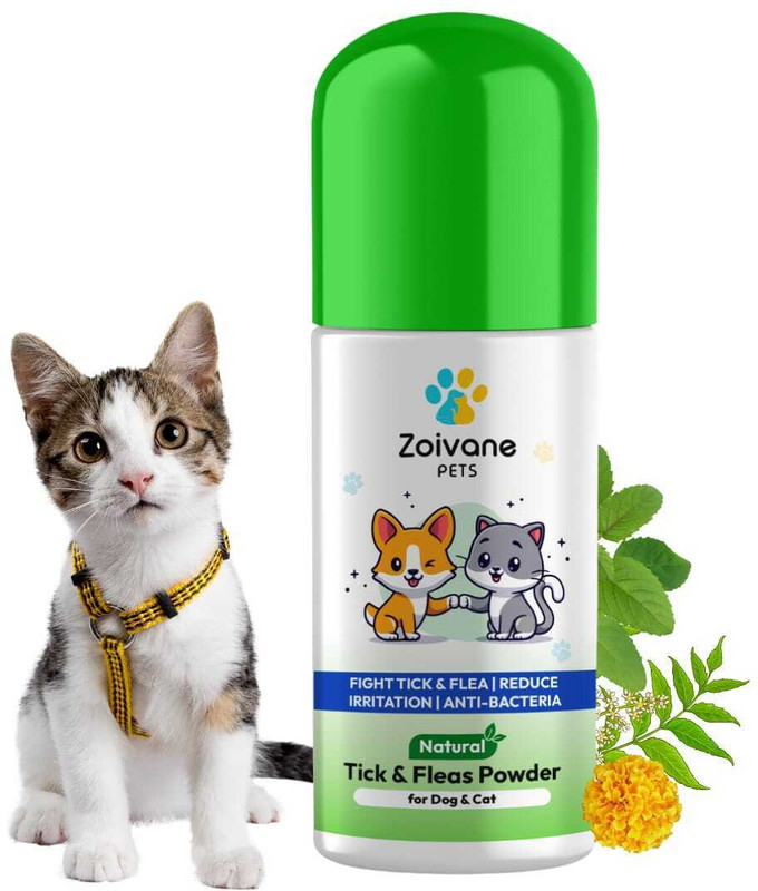 Zoivane Tick & Flea Powder for Cats | Natural Protection with Marigold, Neem & Tulsi 100 ml Pet Coat Cleanser(Suitable For Cat)