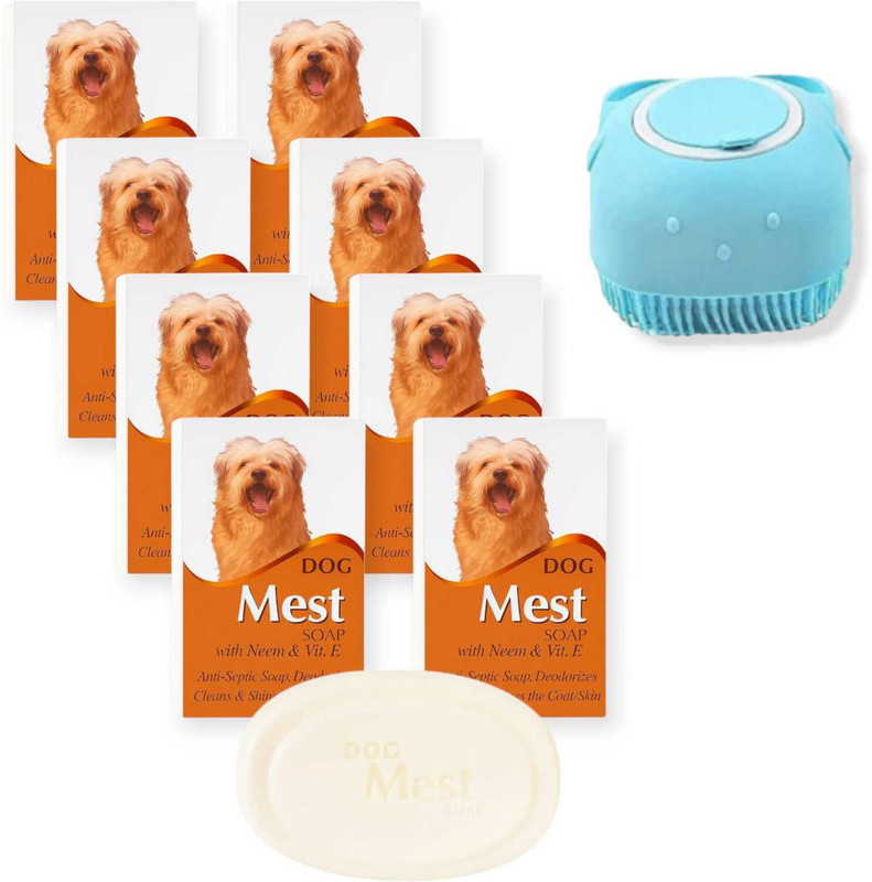 DOG Mest Soap with Neem & Vitamin E + Silicone Bath Brush Pet Bath Combo (Pack of 8) 600 ml Pet Coat Cleanser(Suitable For Cat, Dog)