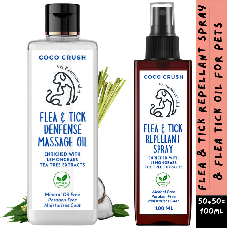 COCO CRUSH 100% Natural Anti-Tick & Flea Spray & Massage Oil for Cats, Dogs (2x100ml) 200 ml Pet Coat Cleanser(Suitable For Cat, Dog, Rabbit)