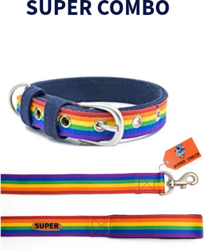 SUPER Dog Collar & Leash for Medium And Large Size(Rainbow)(PACK OF 2) Plain Dog Collar Charm(Multicolor, Round)