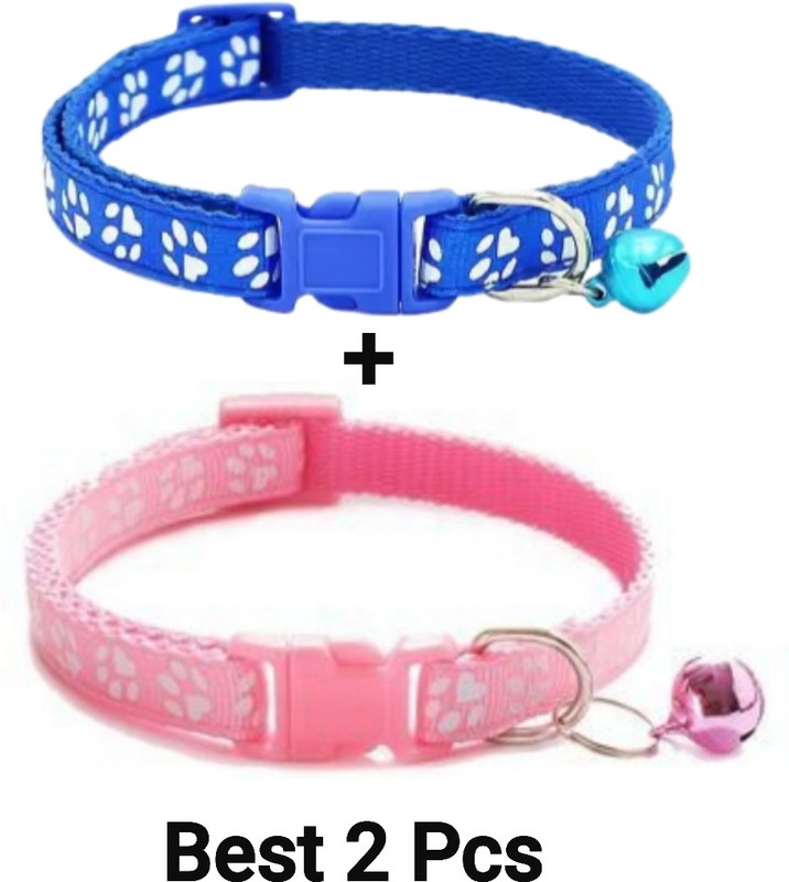 DRK Shop Mart Cat Collar Belt for Kitten with Bell Paw Print Nylon Made 2 Pcs All Age Group Bell Cat Collar Charm(Any two color, Round)