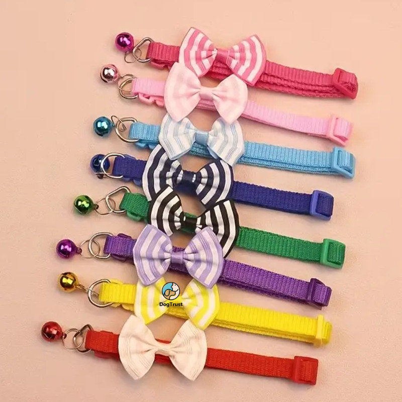DogTrust Adjustable Pet Bow Tie with Necktie Collar for Puppies and Kittens (pack of 2) Bell Dog & Cat Collar Charm(Multicolor, Round)