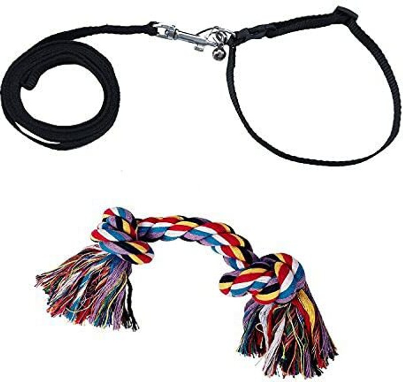 Jainsons Pet Products Nylon Dog Leash and Collar Set with Cotton Rope Toy – Small Size for Puppies Bell Dog Collar Charm(Multicolor, Solid)