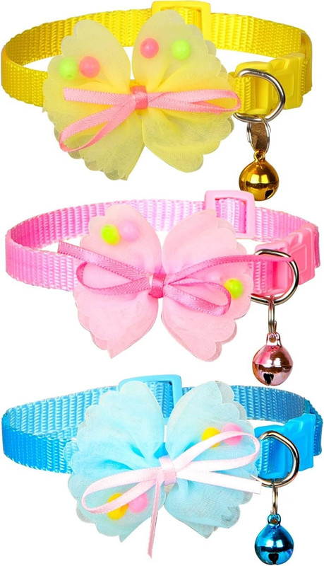 WoofyPlanet Nylon Cat & Dog Collar with Bow Tie & Bell | Adjustable 10mm Pet Collar (3 Pc) Bell Dog & Cat Collar Charm(Multicolor, Round)