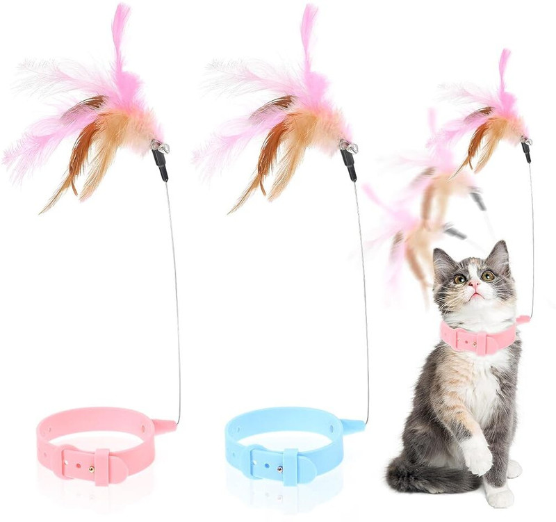 PROBEROS Adjustable Rubber Cat Collar with Feather Toy Plain Cat Collar Charm(Pink, Round)