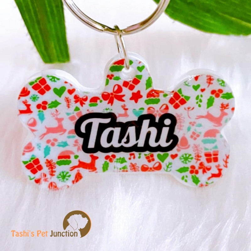 Tashis Pet Junction Tashis Pet Junction Personalized Christmas Theme Custom Pet ID Name Tags Info Engraved Dog & Cat Collar Charm(Red Black Checks, Bone)