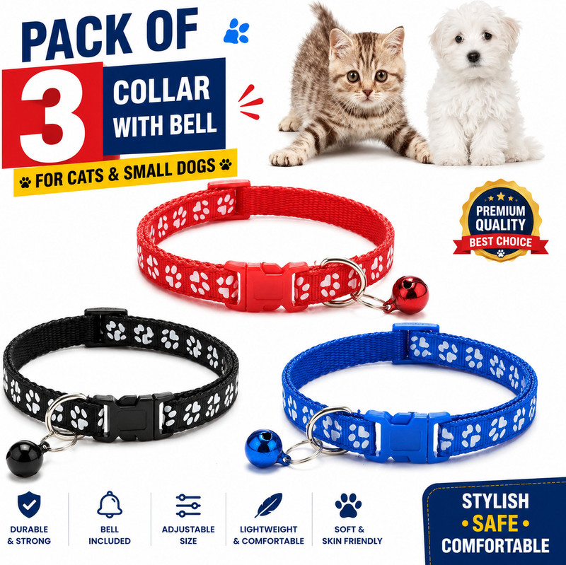 WoofyPlanet SoftFit Bow Pet Collar with Bell for Cats & Puppies (Pack of 3) Bell Cat Collar Charm(Multicolor, Round)