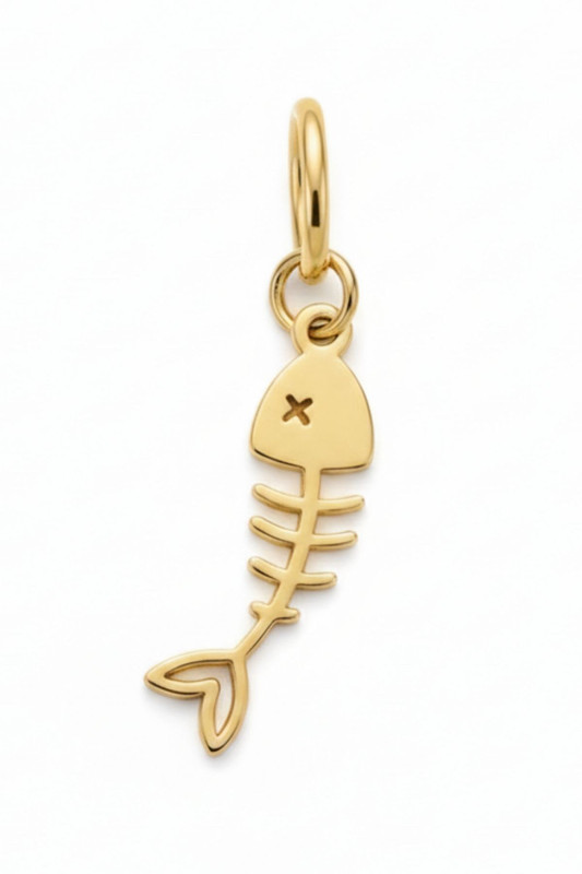Miyo Migo Fishbone Pet ID Tag Brass – Custom Engraved Skeleton Charm for Dogs & Cats Plain Dog Collar Charm(Gold, Solid)