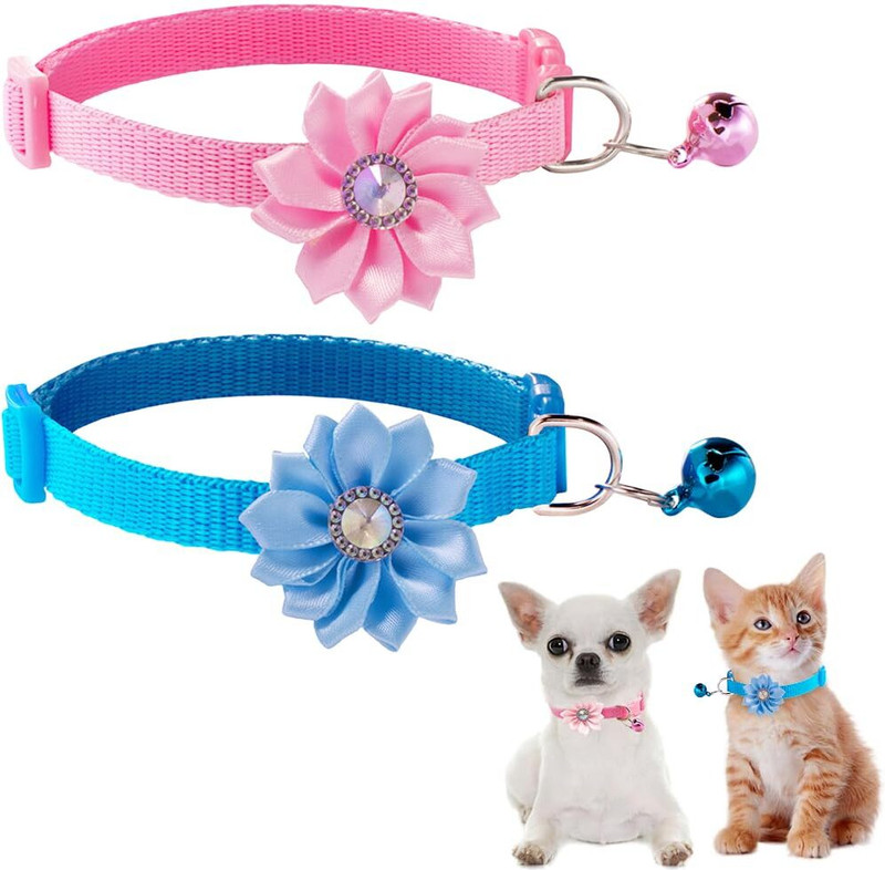 Venzina Adjustable Bell Flower Charm Cat Collar Cat Leash Combo Cat Break Away Collar(20 - 30 cm, blue, pink)