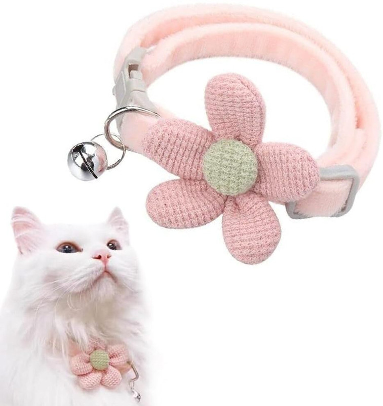 Venzina Cute Pink Flower Cat Collar with Bell Soft Plush Adjustable Quick Release Cat Cat Everyday Collar(Small, Pink)