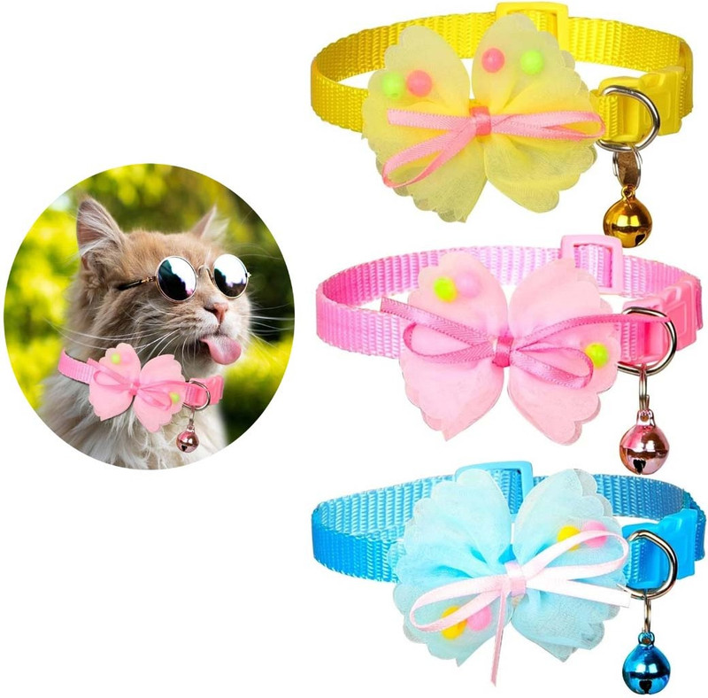 Rvpaws 3pcs Soft Lightweight Cat Collar with Bell & Quick Release Safety Buckle Dog & Cat Everyday Collar(Small, Multicolor)