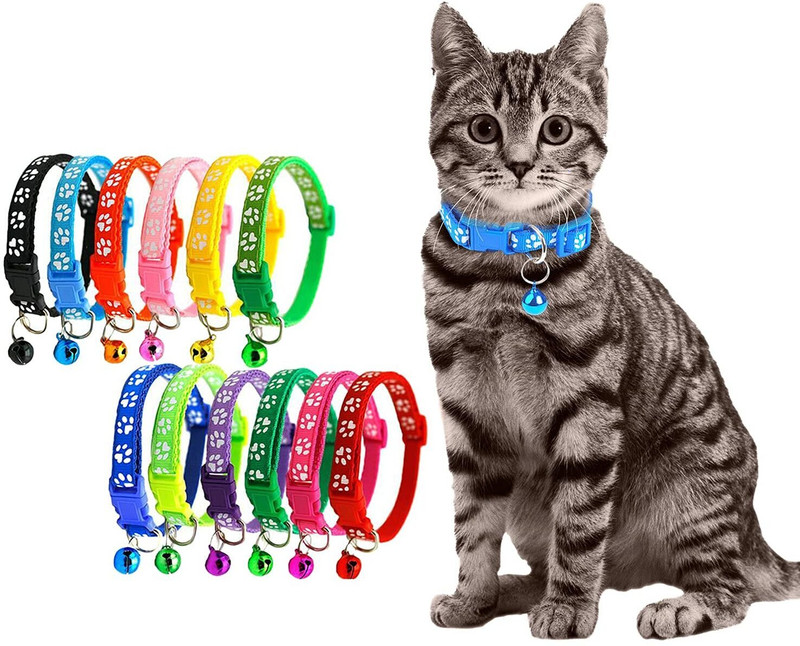 AKEnnterprises 10 MM Pawprint Collar Belt with Bell for Small Dog & Cats,Rabbit-2 Pcs Dog & Cat Everyday Collar(Small, MultiColor)