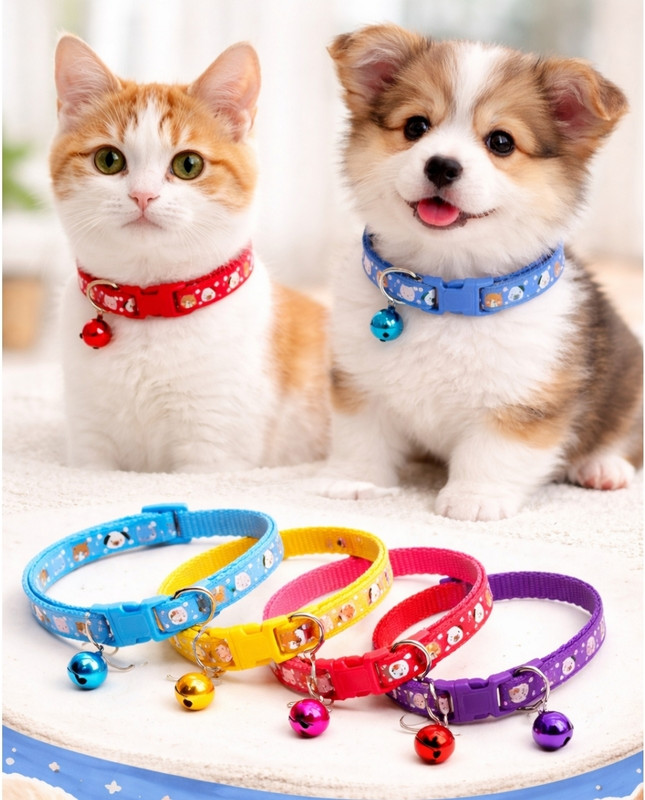 AomniStore 4Pcs Cute Adjustable Puppy Collar with Bell, Soft Fabric Cartoon Print Cat belts Dog & Cat Everyday Collar(Medium, Multicolored)