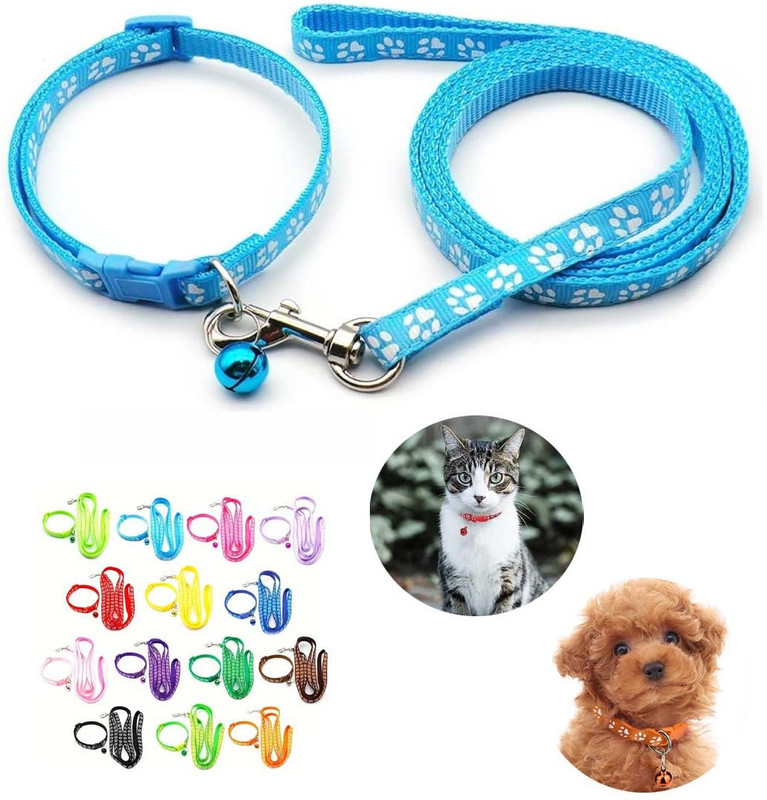 Pups&Pets 1Pc 10mm Adjustable Pet Collar with Leash Soft Nylon Dog & Cat belts with Bell Dog & Cat Collar & Leash(Small, Multicolor)