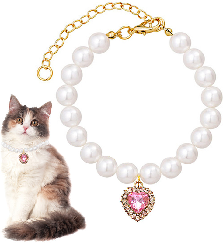 SUPVOX Cat Collar Jewelry Necklace Pink Rhinestone Heart Charm Pearl Adjustable 9-11 Cat Collar & Leash(20 - 30 cm, Pink)