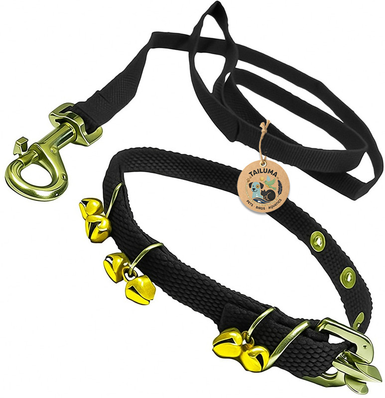 Tailuma Nylon Ghungroo Neck Collar Belt and Leash with Adjustable Stainless Steel Hook Dog & Cat Collar & Leash(Small, Black)
