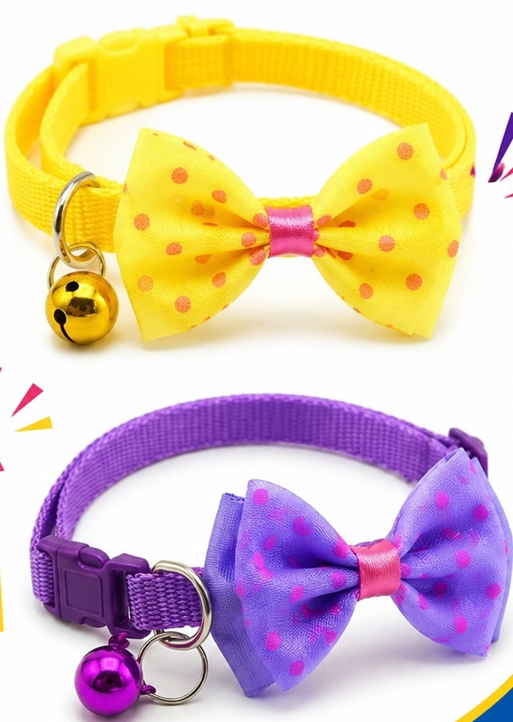 WoofyPlanet 2Pcs Small Pet Colorful Bow-Tie With Sound Bell Necktie Collar for Cat & Puppies Dog & Cat Break Away Collar(Small, YELLOW, PURPLE)
