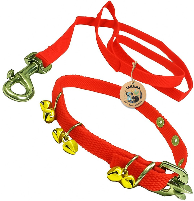 Tailuma Nylon Ghungroo Neck Collar Belt and Leash with Adjustable Stainless Steel Hook Dog & Cat Collar & Leash(Small, Red)