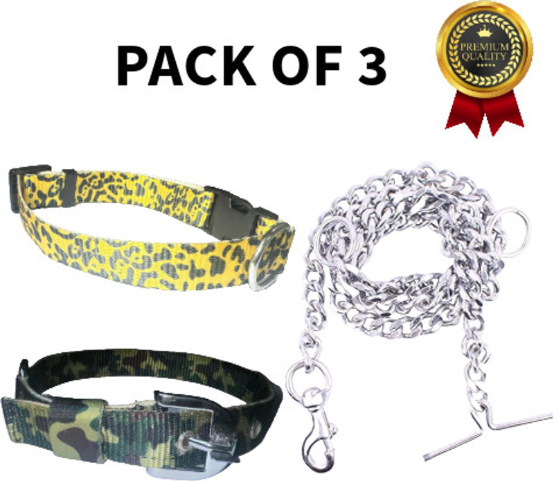 SUPER Dog Belt Combo of 2 Nylon Collar with Heavy Dog Chain For Small And Medium Dogs Dog & Cat Collar & Chain(Medium, MULTICOLOR)
