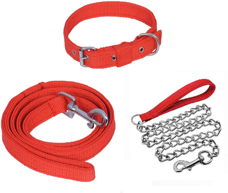 Petzoto Combo Dog Chain Leash Collar & Belt Set Medium Dog Collar & Chain Dog Collar & Chain(Medium, RED)
