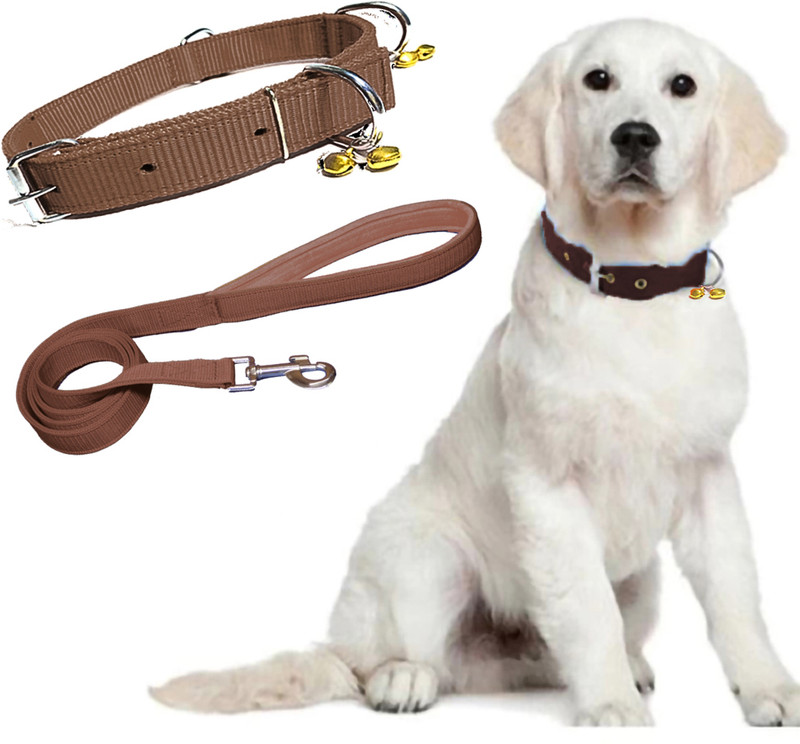 BBFLAMINGO Dog Bell Collar & Padded Leash Adjustable Nylon Set (Recommanded 14-23KG PET) Dog Everyday Collar(Medium, Brown)
