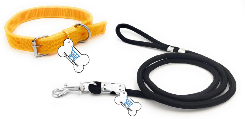 THE DDS STORE Good Quality Dog Belt Combo of Ghungroo Collar with Printed Rope Lead 58 Inch Dog & Cat Collar & Leash(Medium, BLACK PRINTED LEASH+YELLOW COLLAR)